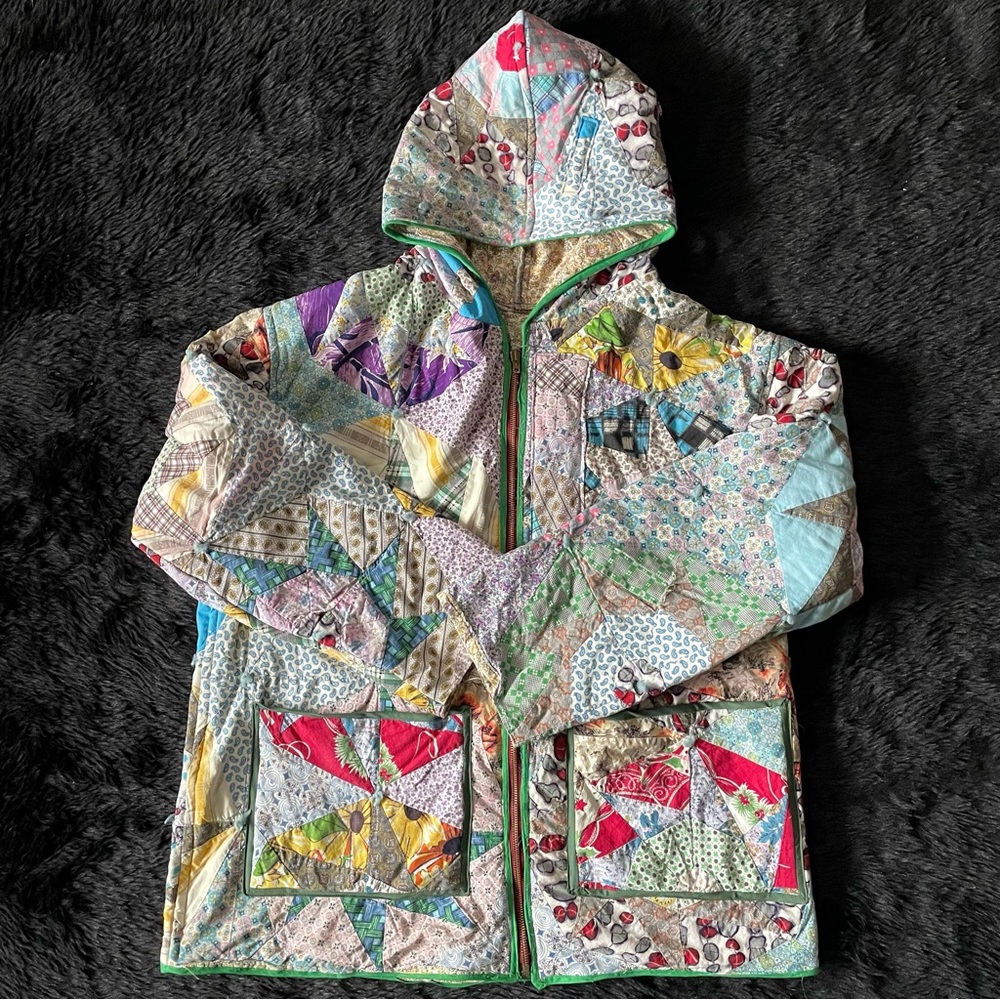 Vintage Unisex Feed sack quilt coat zipper jacket quilted handmade patchwork